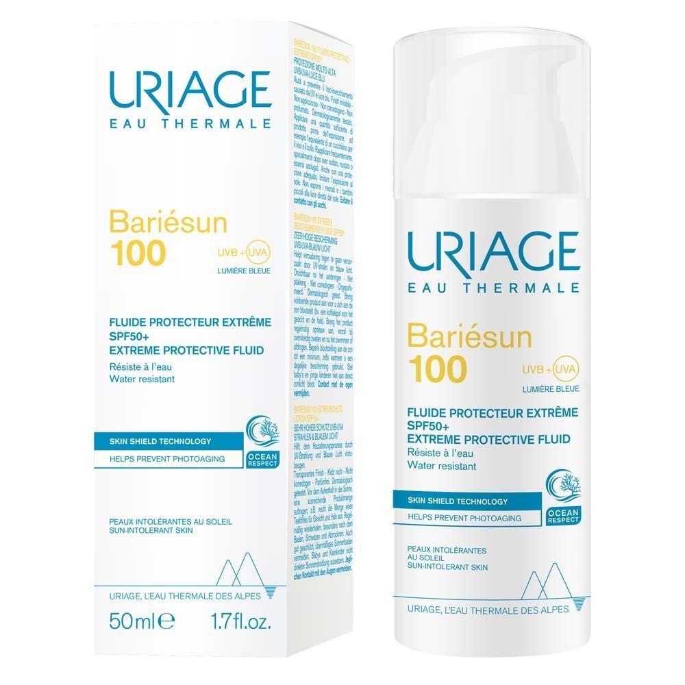 URIAGE EAU THERMALE Bariésun 100, in Verpackung und Flasche. Weiße Flasche mit blauem Etikett. Text: SPF50+, Extreme Protective Fluid.