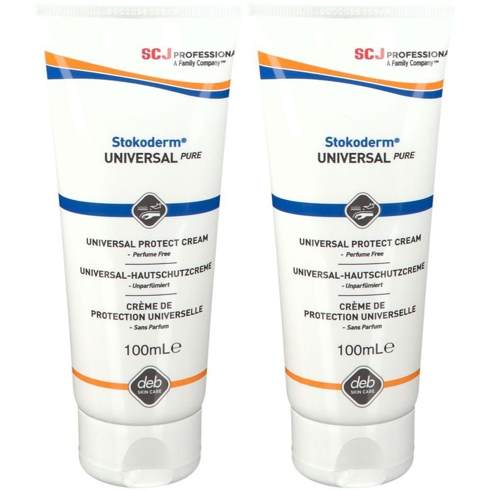 Zwei Tuben Stokoderm® UNIVERSAL PURE. Weiße Tuben mit blauen und orangen Streifen. Text: UNIVERSAL PROTECT CREAM, 100ml.