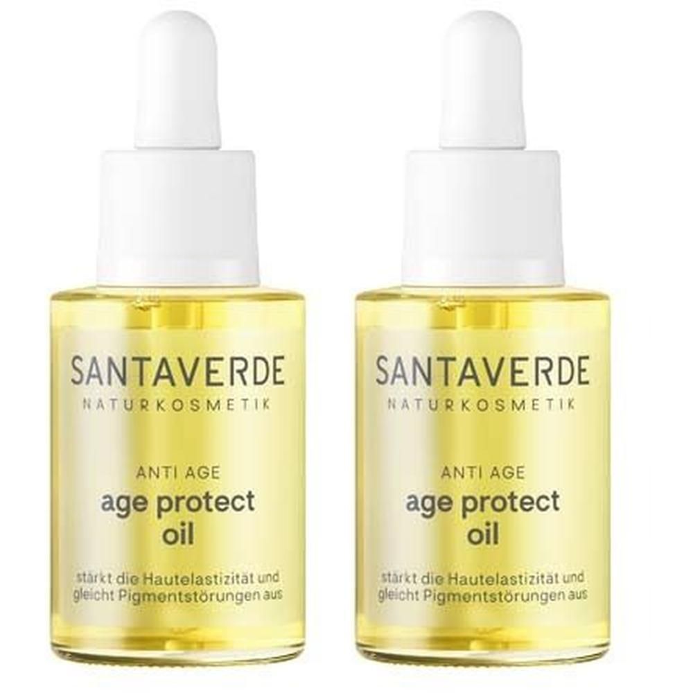 Zwei Flaschen SANTAVERDE age protect oil mit Pipette. Gelbe Flüssigkeit in Glasflaschen. Aufschrift: ANTI AGE age protect oil.