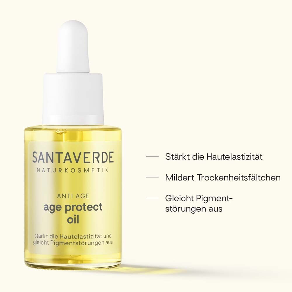 SANTAVERDE age protect oil Flasche mit Pipette. Gelbe Flüssigkeit. Text: Stärkt die Hautelastizität, mildert Trockenheitsfältchen, gleicht Pigmentstörungen aus.