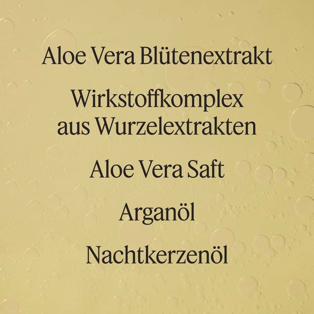 Text: Aloe Vera Blütenextrakt, Wirkstoffkomplex aus Wurzelextrakten, Aloe Vera Saft, Arganöl, Nachtkerzenöl. Hintergrund mit Blasen.