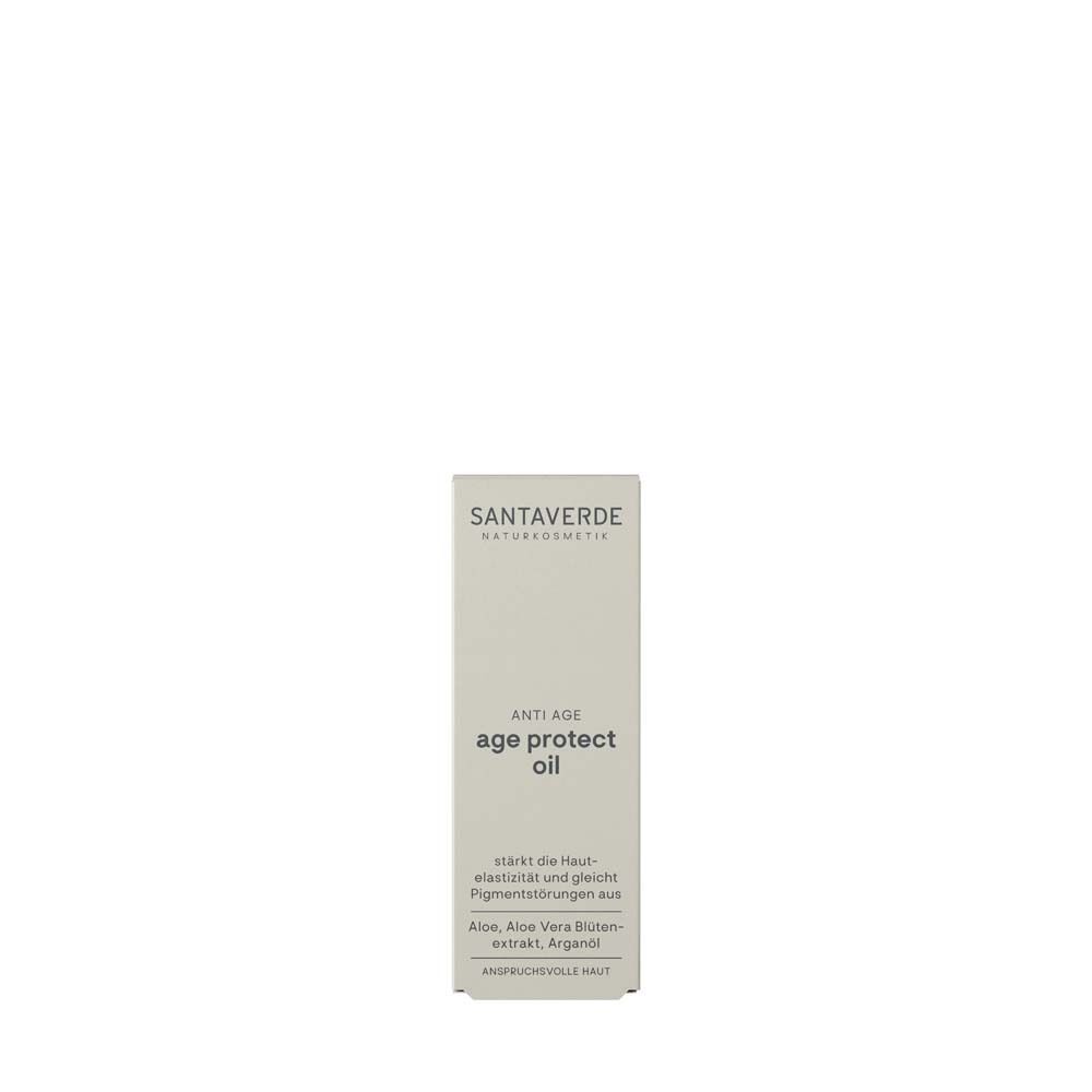 SANTAVERDE age protect oil Verpackung. Weißer Karton mit Produktinformationen. Aufschrift: ANTI AGE age protect oil.
