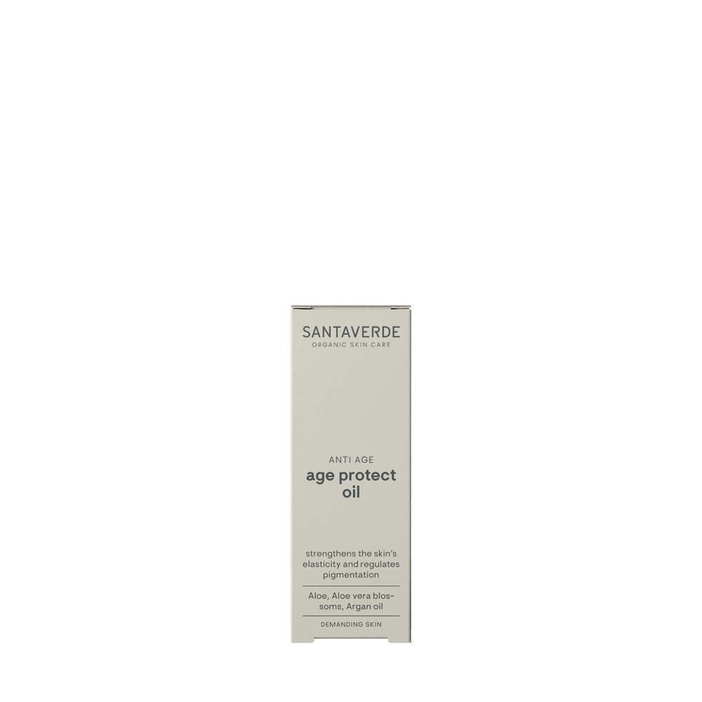 SANTAVERDE age protect oil Verpackung. Weißer Karton mit Produktinformationen. Aufschrift: ANTI AGE age protect oil.