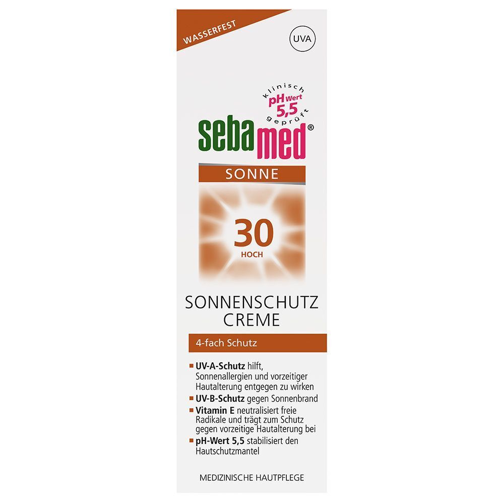 Sonnenschutzcreme-Tube. Weiß, mit braunen und grünen Akzenten. Aufschrift: sebamed® Sonne, LSF 30, Sonnenschutz Creme. pH-Wert 5,5.