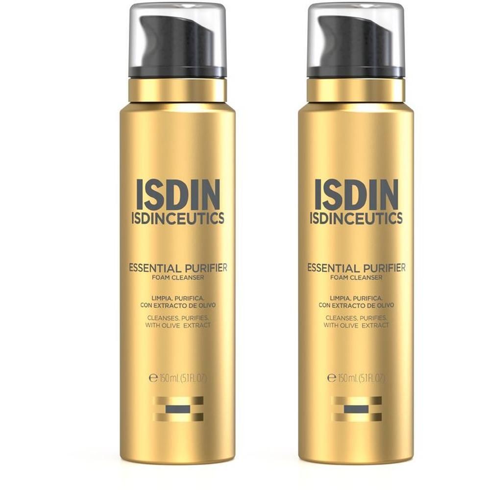 Zwei goldfarbene Flaschen mit schwarzem Pumpkopf. Aufschrift: ISDIN, ISDINCEUTICS, ESSENTIAL PURIFIER, Foam Cleanser.
