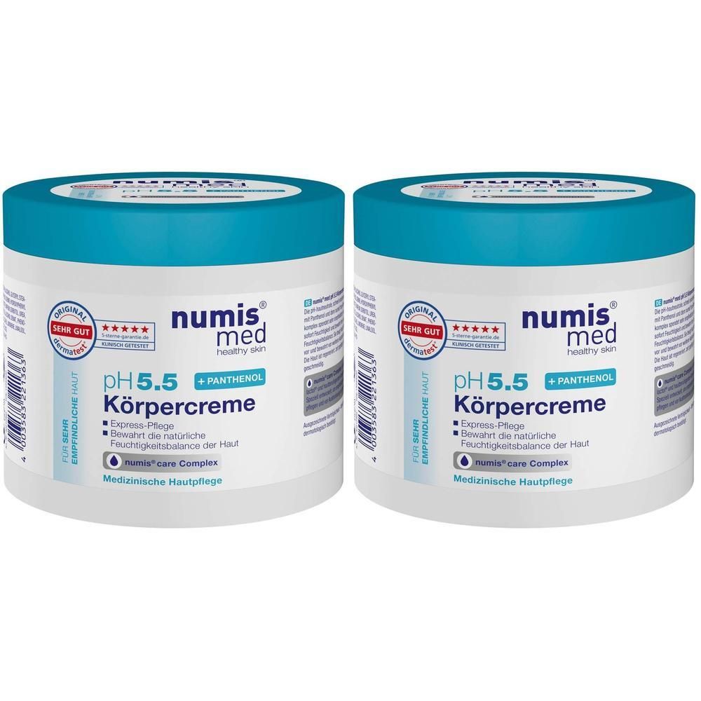 Zwei weiße Tiegel mit blauem Deckel. Aufschrift: numis med pH 5.5 Körpercreme. Mit Panthenol. Auszeichnung: Sehr Gut.