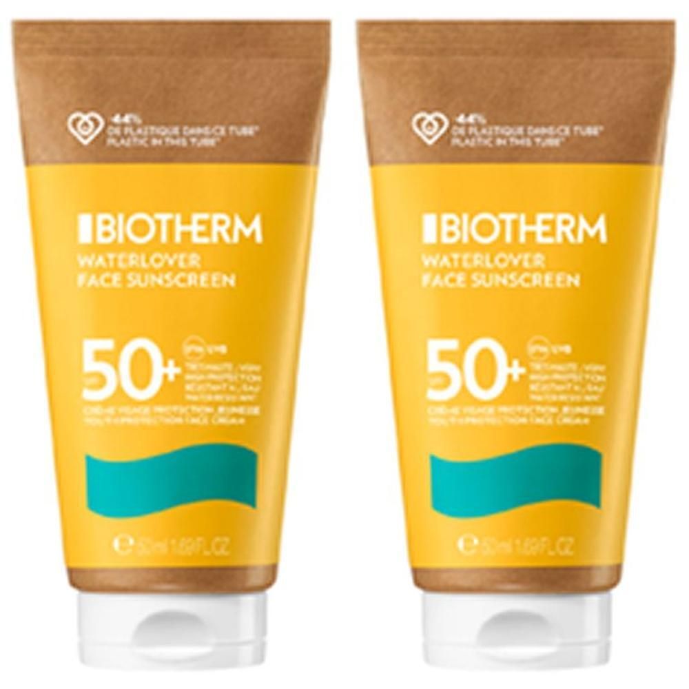 Zwei Tuben BIOTHERM Waterlover Sonnencreme LSF 50. Gelbe Tuben mit braunem Deckel. Text: Waterlover Face Sunscreen, 50+.