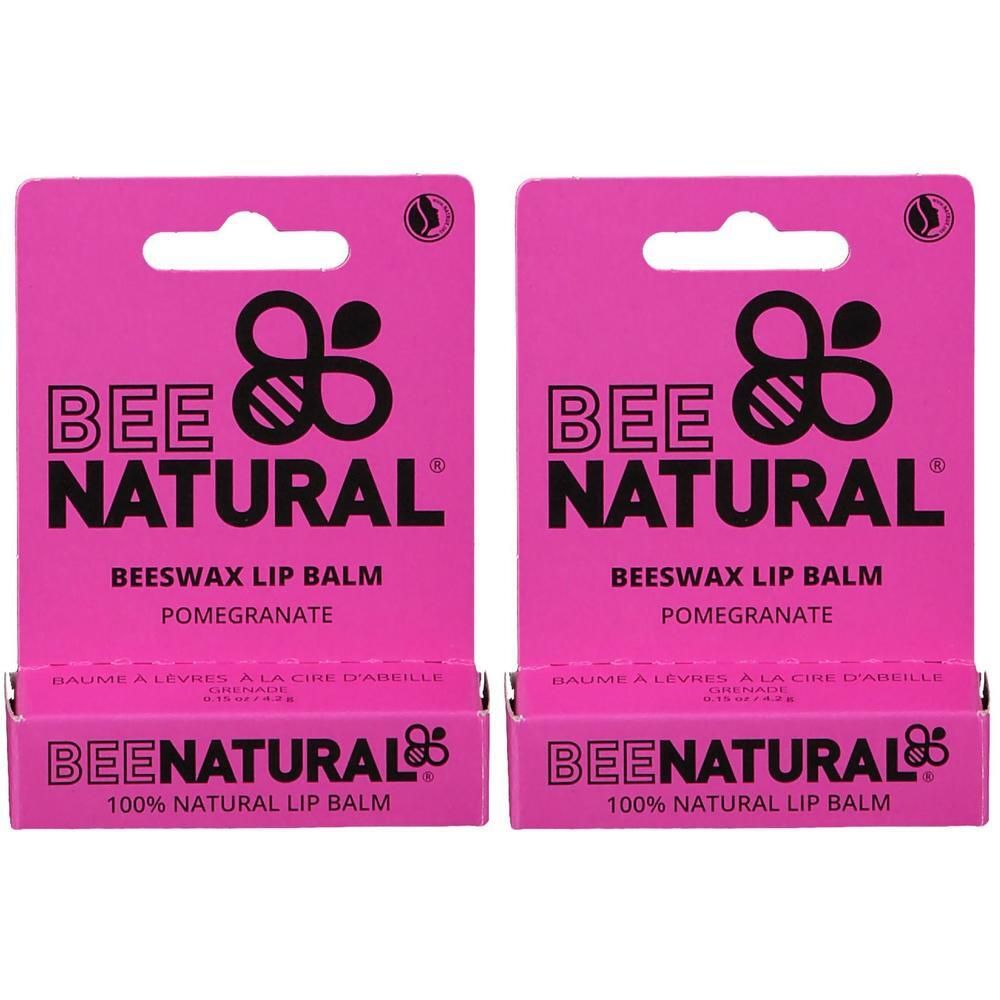 Zwei pinkfarbene Verpackungen mit dem Logo und Schriftzug "BEE NATURAL". Aufschrift: "BEESWAX LIP BALM POMEGRANATE".