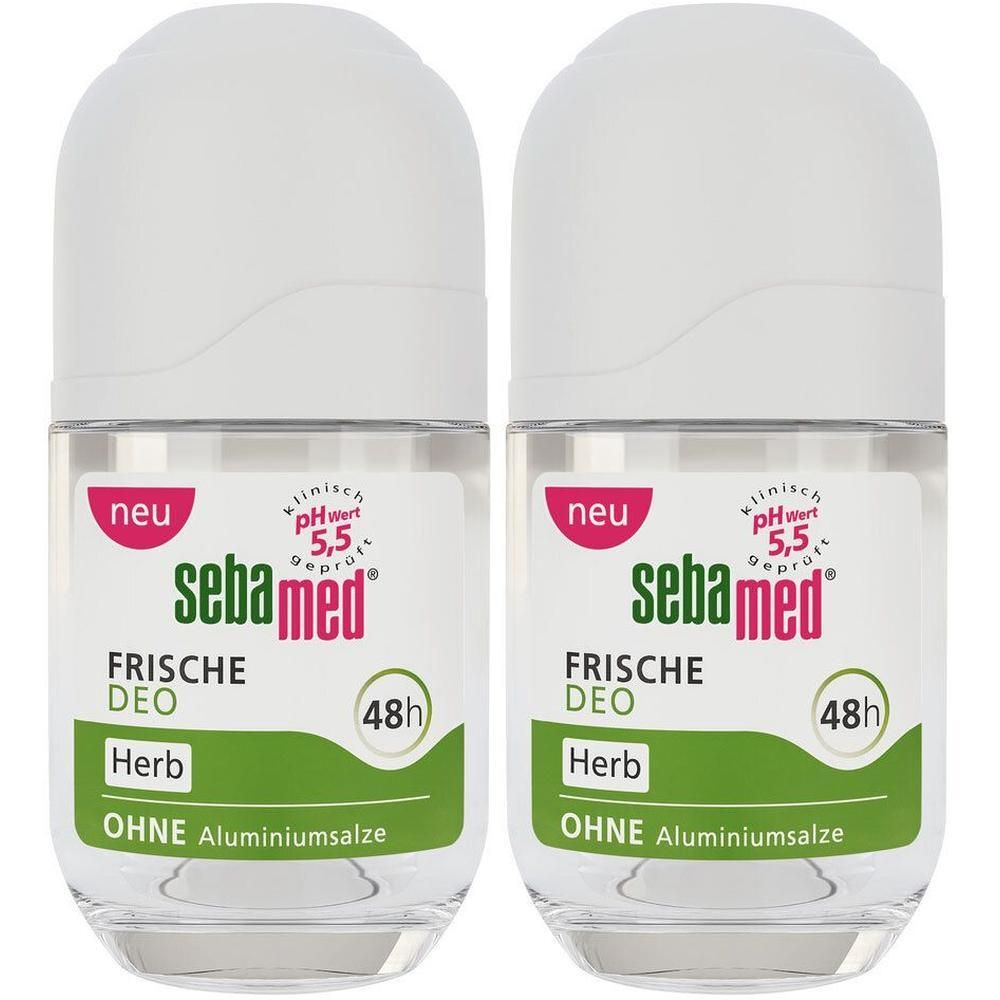 Zwei Roll-on Deos mit weißem Deckel. Aufschrift: sebamed, Frische Deo Herb, ohne Aluminiumsalze. pH-Wert 5,5. Neu-Label.