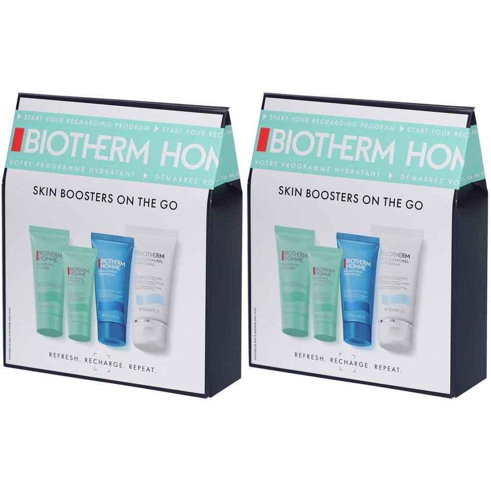 Zwei Produktverpackungen mit BIOTHERM-Logo und Tuben. Aufschrift: SKIN BOOSTERS ON THE GO. Farben: Grün, Blau, Weiß.