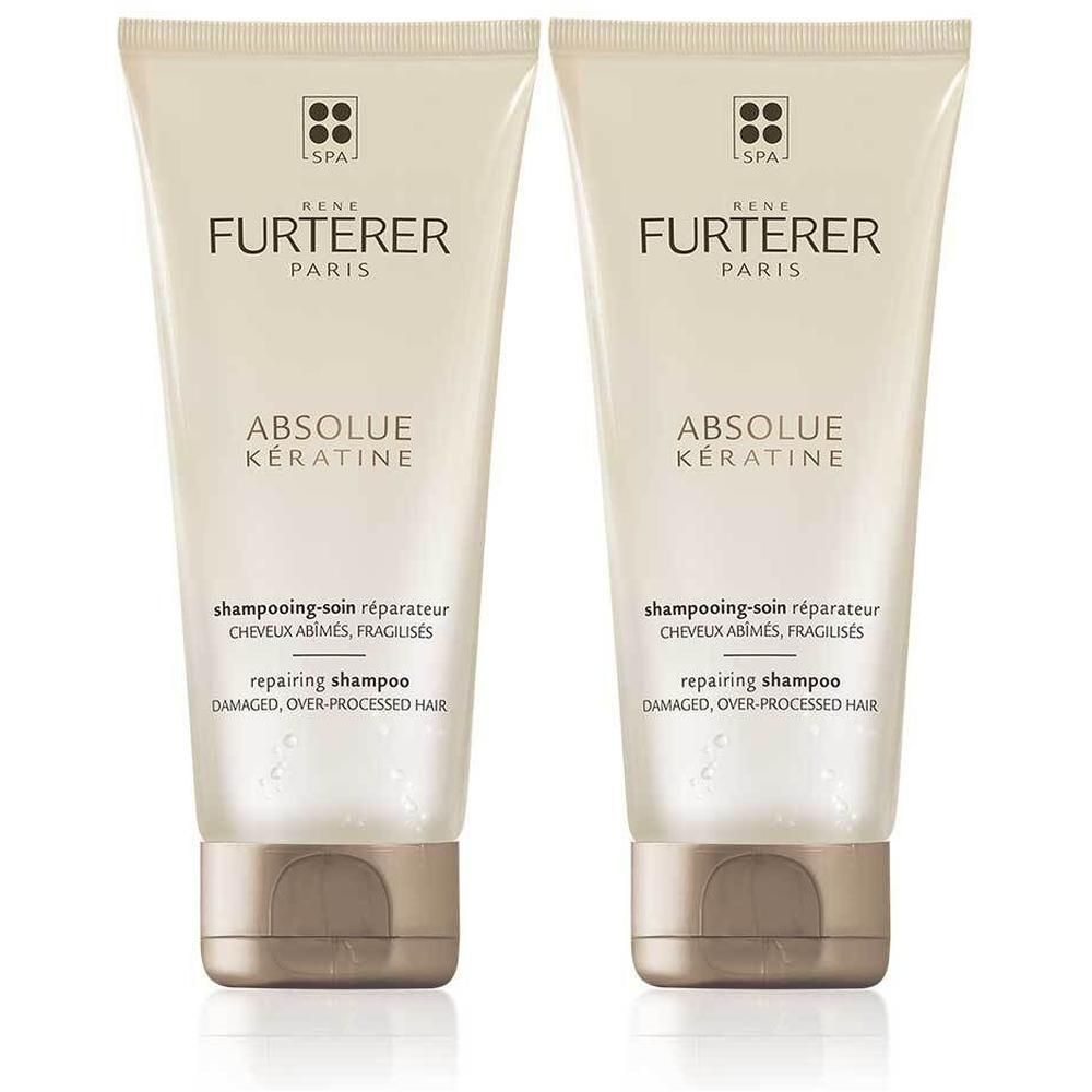 Zwei Tuben Shampoo. Aufschrift: FURTERER PARIS, ABSOLUE KERATINE. Für geschädigtes Haar.