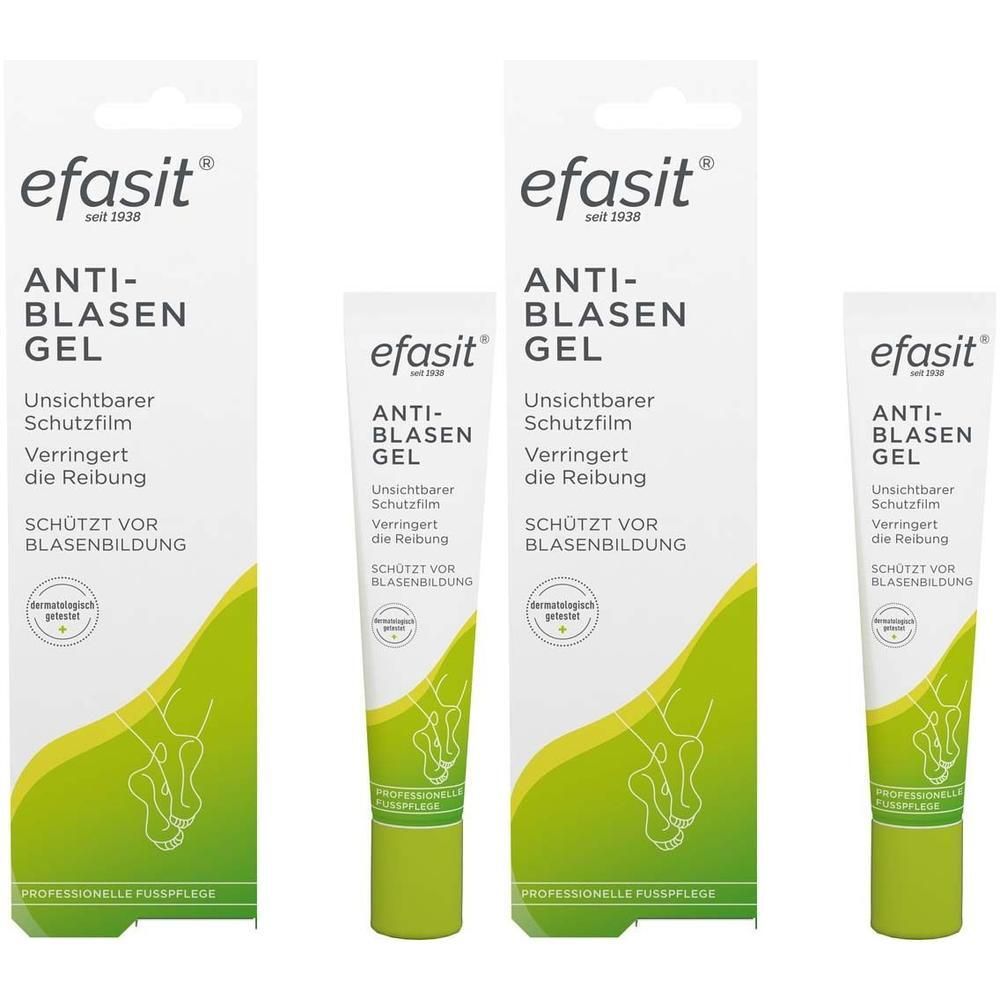 efasit® Anti-Blasen Gel. Mehrere Packungen und Tuben. Weiße Verpackung mit grünen Akzenten. Produktname und Logo deutlich sichtbar.