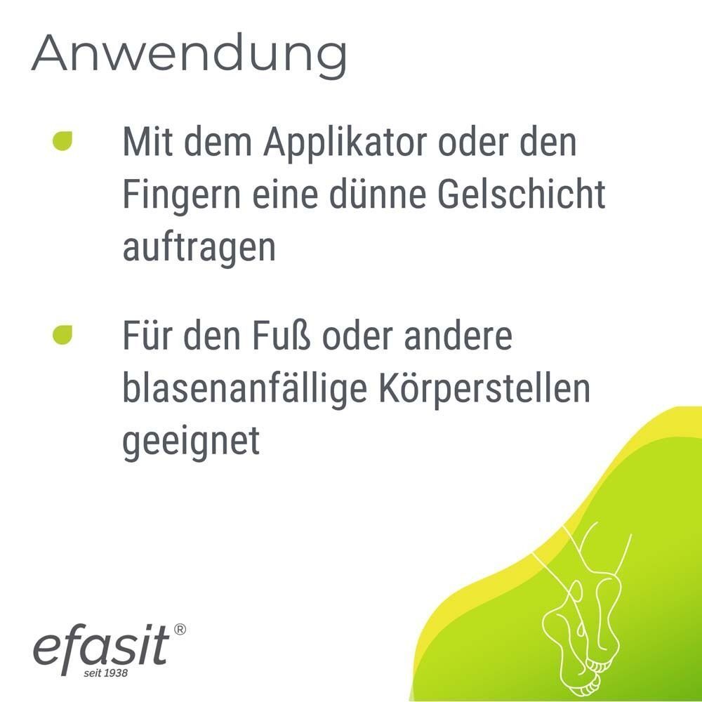 Anwendung von efasit® Anti-Blasen Gel. Auftragen mit Applikator oder Fingern. Geeignet für Füße und andere gefährdete Körperstellen.