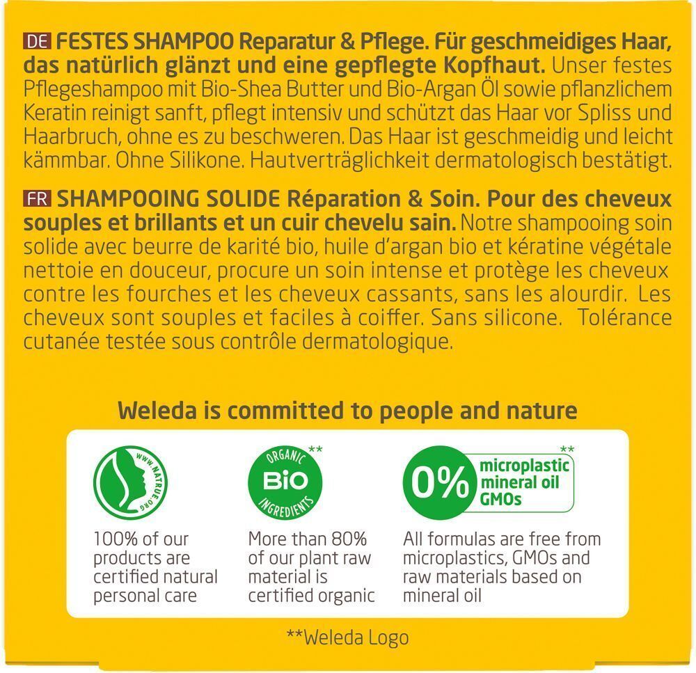 Rückseite einer gelben Produktverpackung. Text in Deutsch und Französisch. Logos für Bio-Zertifizierung und Naturkosmetik.