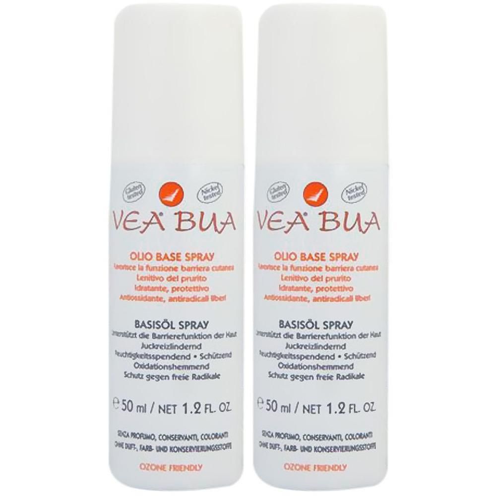 Zwei weiße Sprühflaschen mit roter und schwarzer Schrift. Aufschrift: VEA BUA, Basisöl Spray, 50 ml.