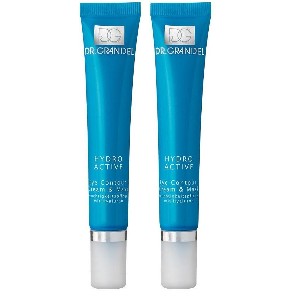 Zwei blaue Tuben mit weißem Verschluss. Auf jeder Tube steht "DR. GRANDEL HYDRO ACTIVE Eye Contour Cream & Mask".
