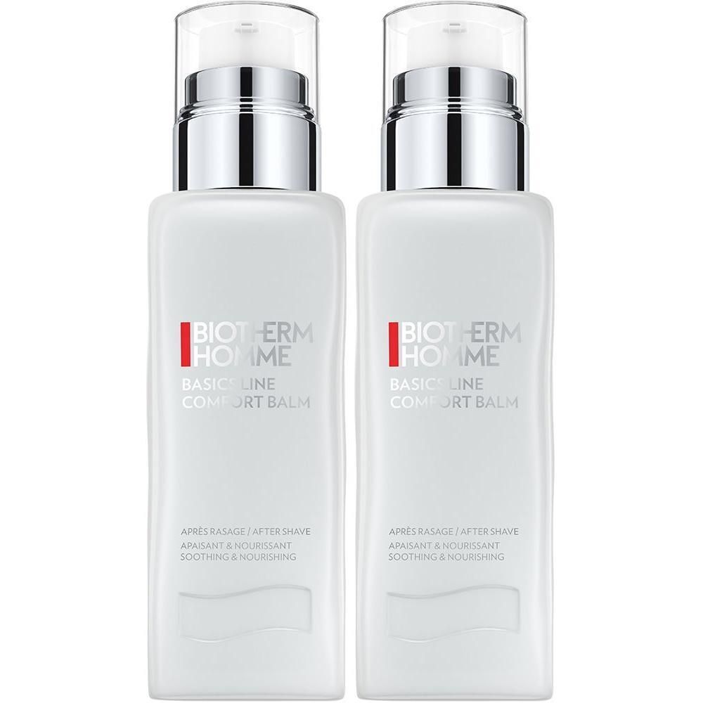 Zwei weiße Flaschen mit silbernen Pumpköpfen. Auf jeder Flasche steht "BIOTHERM HOMME BASIC LINE COMFORT BALM".