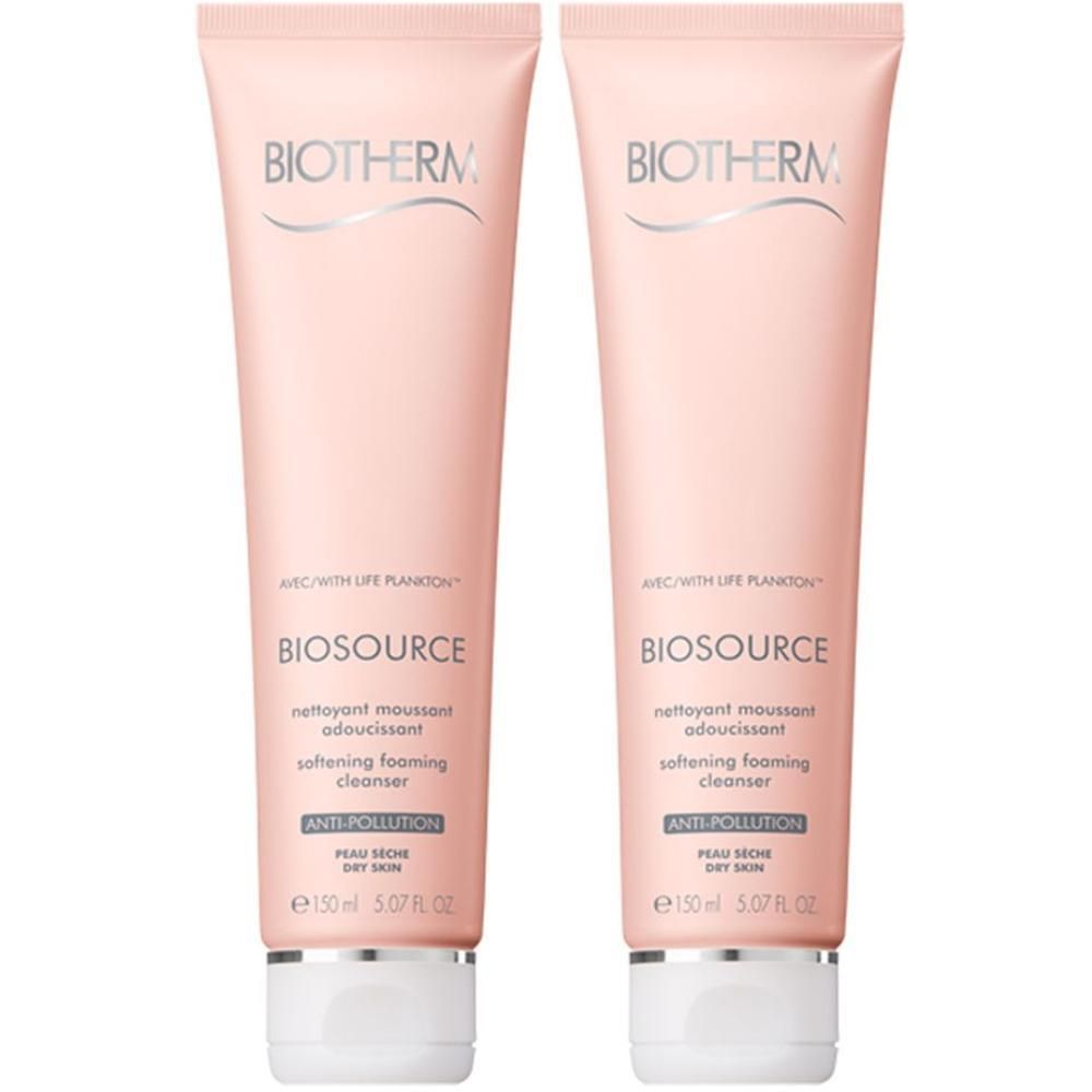 Zwei Tuben BIOTHERM Biosource Reinigungsschaum. Rosa Tuben mit weißem Verschluss. Text: Biosource, softening foaming cleanser, Anti-Pollution, für trockene Haut.