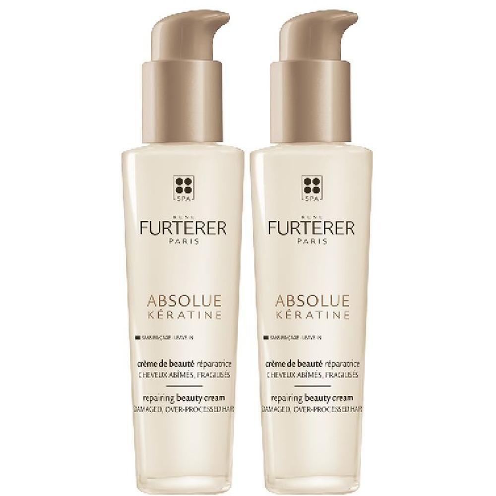 Zwei Flaschen FURTERER Absolue Keratine Elixier. Beige Flaschen mit Pumpaufsatz. Text: Absolue Keratine.