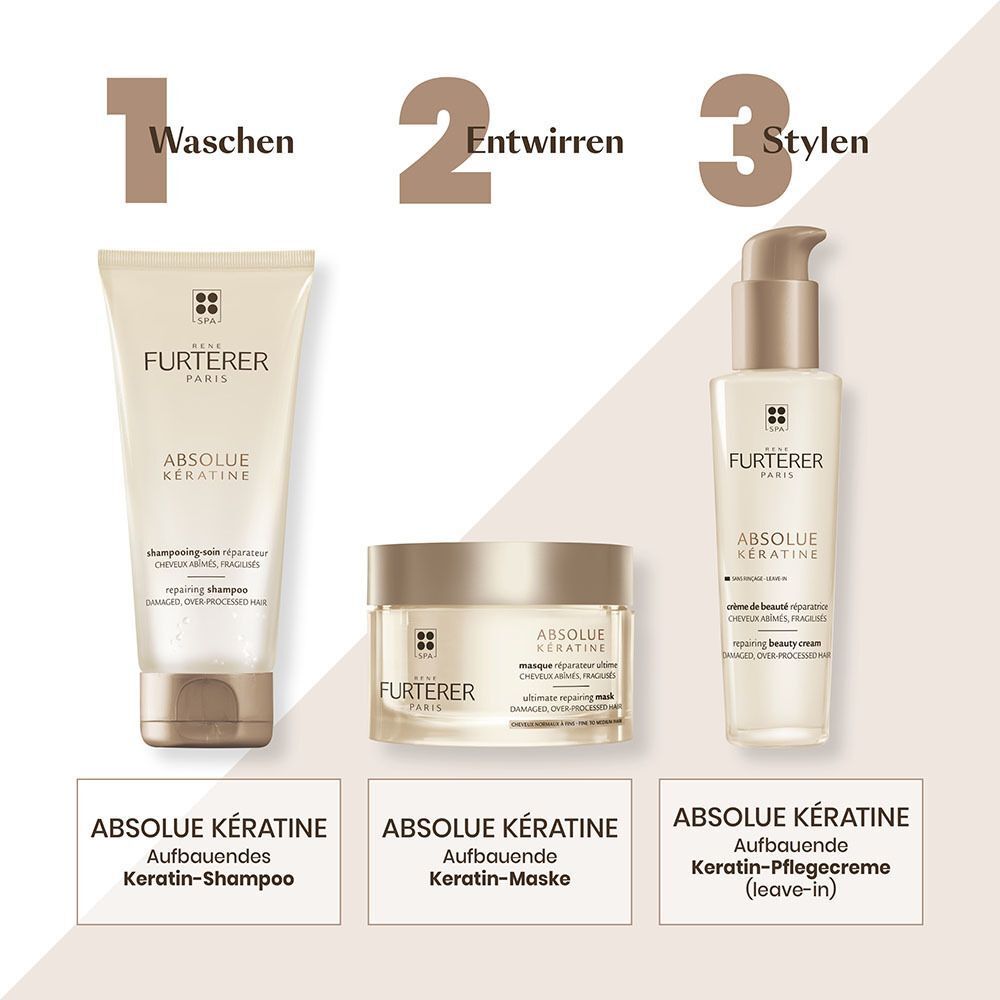 Drei Produkte: Shampoo, Maske und Elixier. Text: Absolue Keratine. Aufbauende Keratin-Pflege.