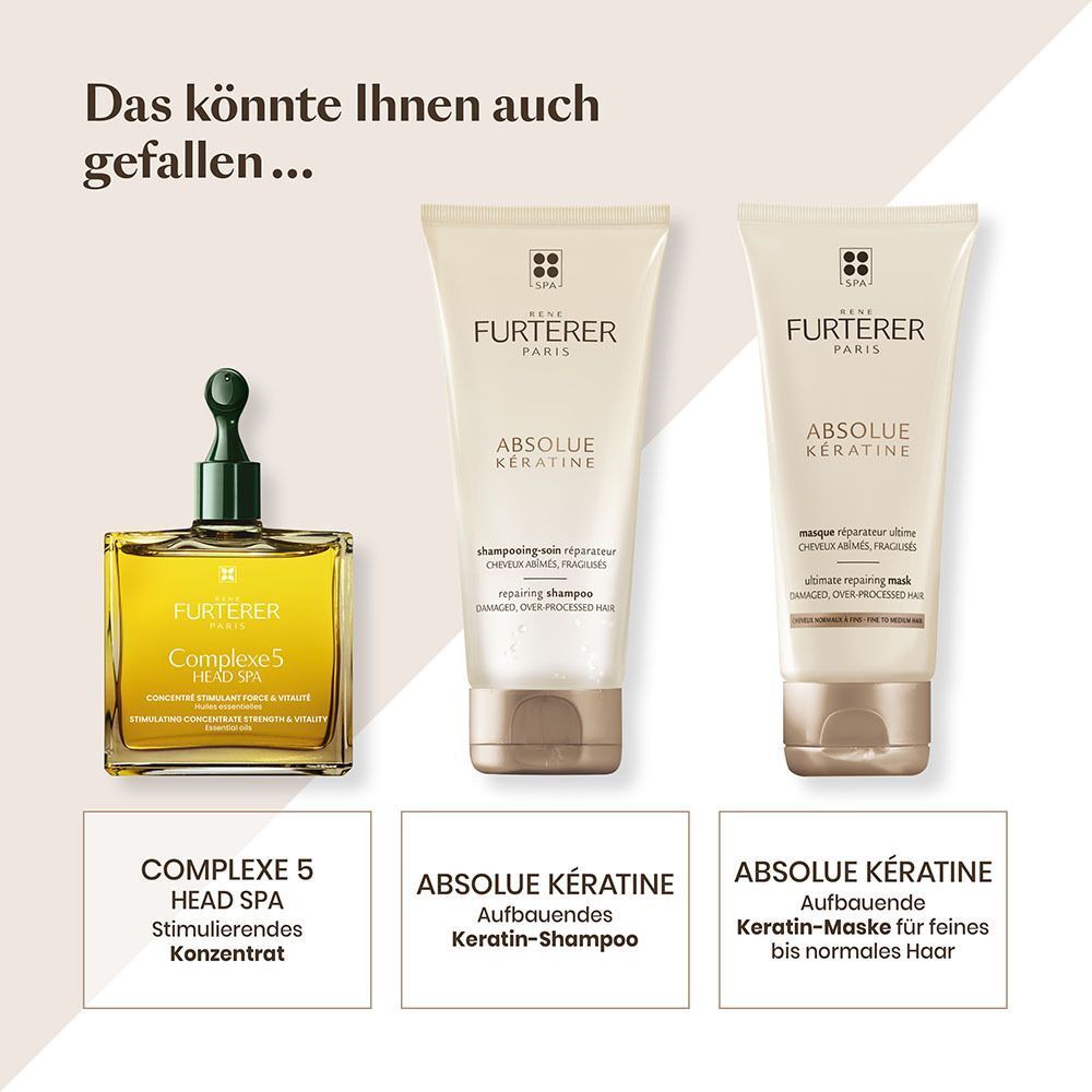 Drei Produkte: Complex 5, Shampoo und Maske. Text: Complex 5 Head Spa, Absolue Keratine.