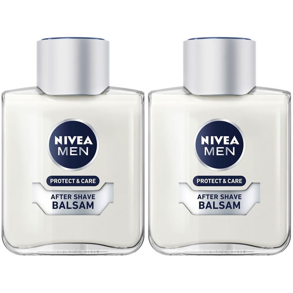 Zwei Flaschen NIVEA MEN Protect & Care After Shave Balsam. Quadratische Form, weißes Balsam, silberner Deckel, blaue Akzente.