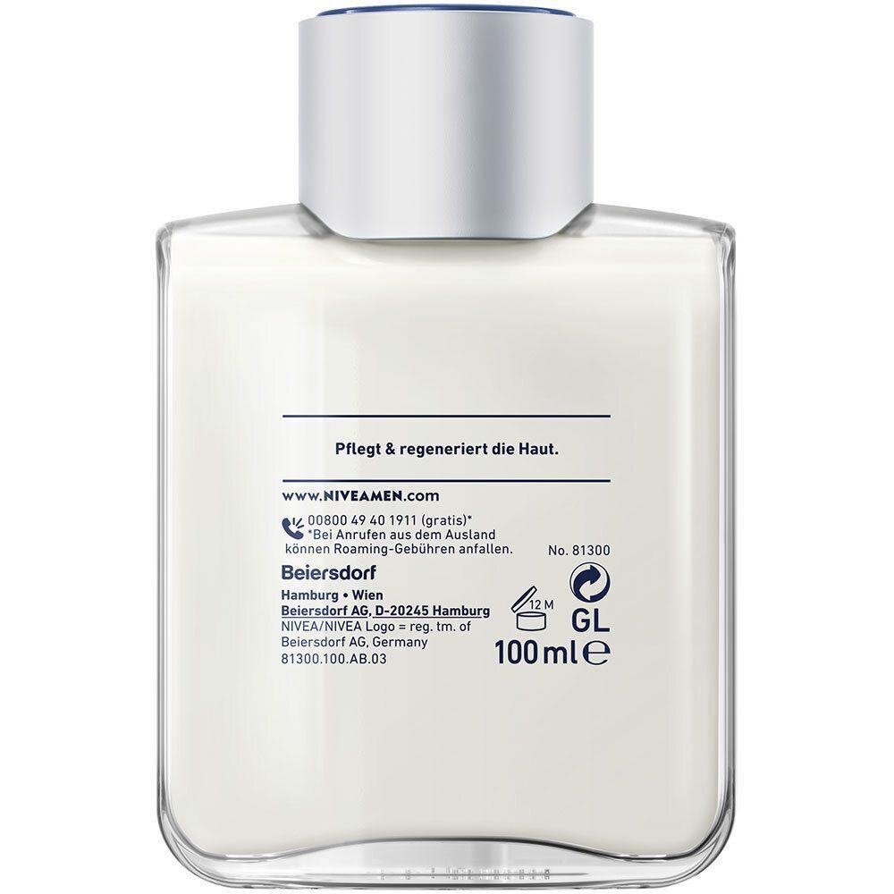 Rückseite einer NIVEA MEN Protect & Care Balsam Flasche. Text: Pflegt & regeneriert die Haut. 100 ml.