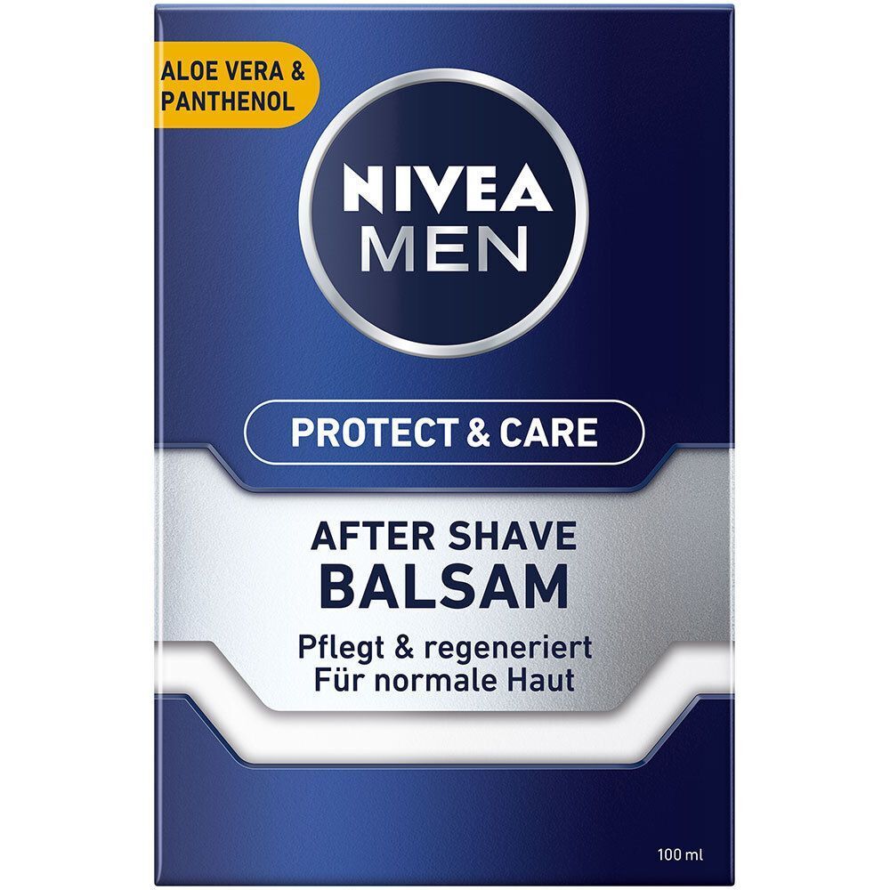 Verpackung von NIVEA MEN Protect & Care After Shave Balsam. Blau, weißer Text, Aloe Vera & Panthenol. 100 ml.