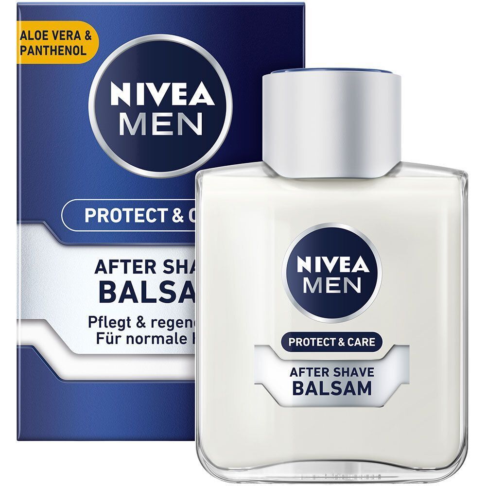 NIVEA MEN Protect & Care After Shave Balsam mit Verpackung. Flasche und Karton, blaue und weiße Farben, Text.