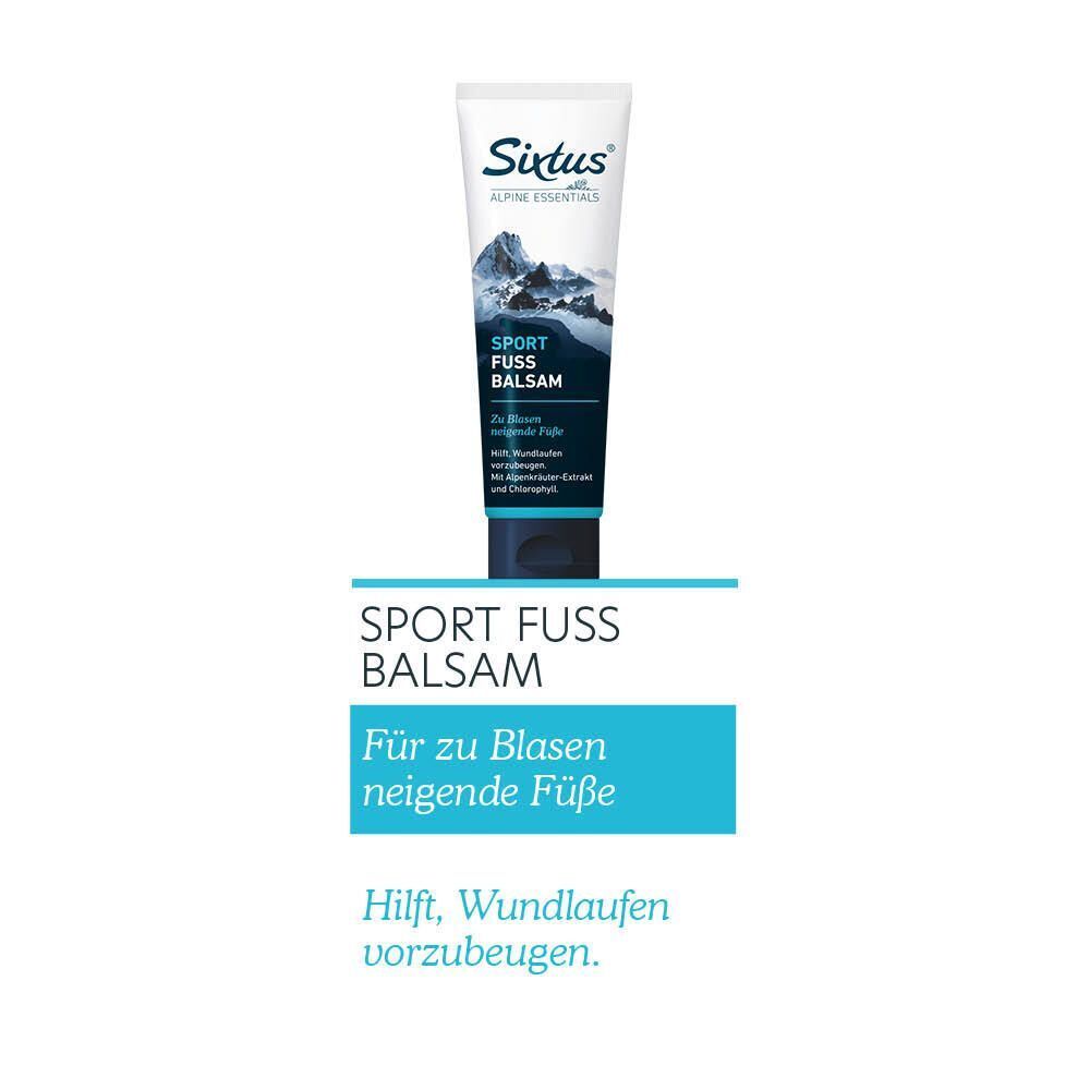 Eine Tube SIXTUS Sport Fuß Balsam. Weiße Tube mit blauem Deckel und Etikett. Text: SIXTUS, Sport Fuß Balsam, alpine essentials.