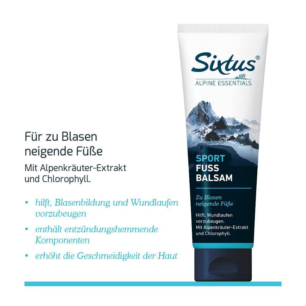 Eine Tube SIXTUS Sport Fuß Balsam. Weiße Tube mit blauem Deckel und Etikett. Text: SIXTUS, Sport Fuß Balsam, alpine essentials. Zusätzlicher Text.
