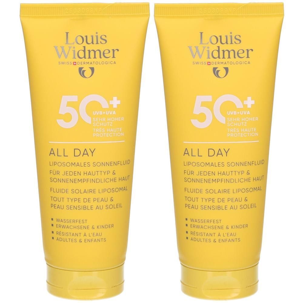 Zwei gelbe Tuben mit Sonnencreme. Aufschrift: Louis Widmer, 50+ UV-Schutz, All Day. Liposomales Sonnenfluid.