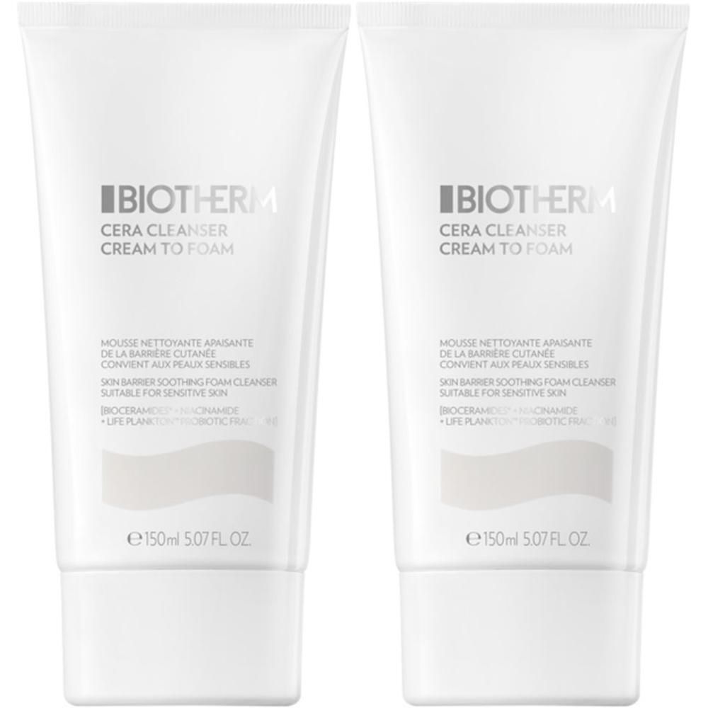 Zwei weiße Tuben mit BIOTHERM-Logo und Text. Aufschrift: Cera Cleanser Cream to Foam. E150ml 5.07 fl.oz.