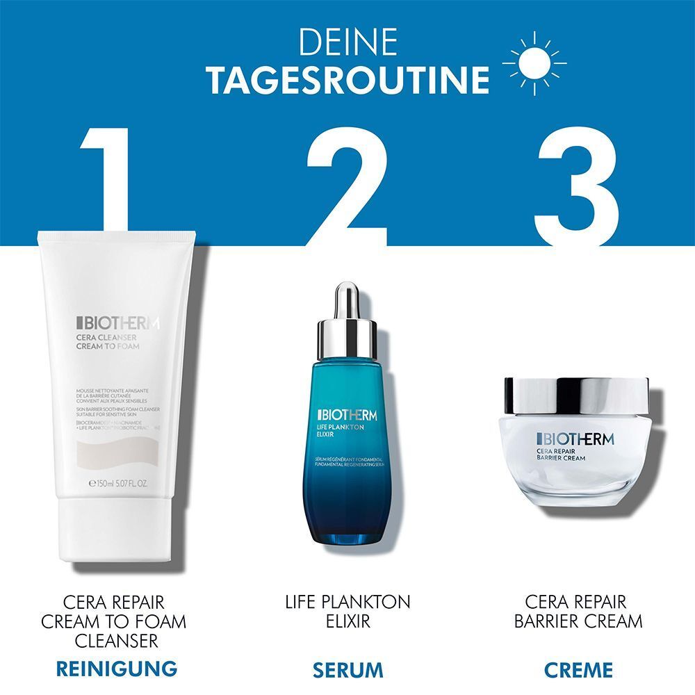 Drei Produkte auf blauem Hintergrund. BIOTHERM Cera Repair Cream to Foam Cleanser, Life Plankton Elixir, Cera Repair Barrier Cream.
