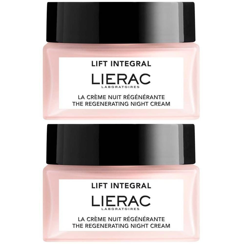 Zwei Tiegel Nachtcreme. Rosa Tiegel mit schwarzem Deckel. Aufschrift: Lierac, Lift Integral, La Crème Nuit Régénérante.