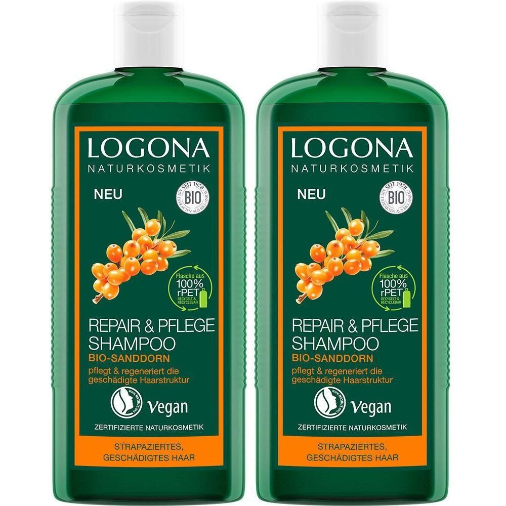 Zwei grüne Shampoo-Flaschen mit weißem Deckel. Aufschrift: LOGONA, Repair & Pflege Shampoo Bio-Sanddorn. Bio-Siegel und Vegan-Logo.
