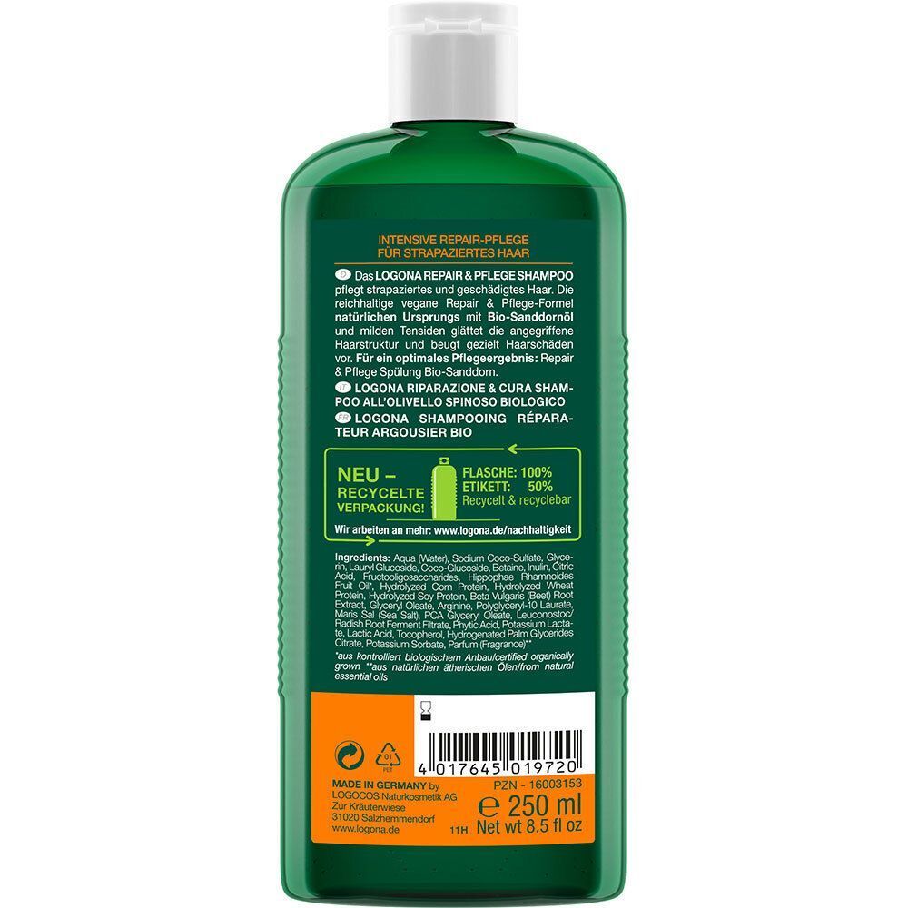 Grüne Shampoo-Flasche mit weißem Deckel. Rückseite mit Text und Inhaltsangaben. Aufschrift: LOGONA Repair & Pflege Shampoo. 250 ml.