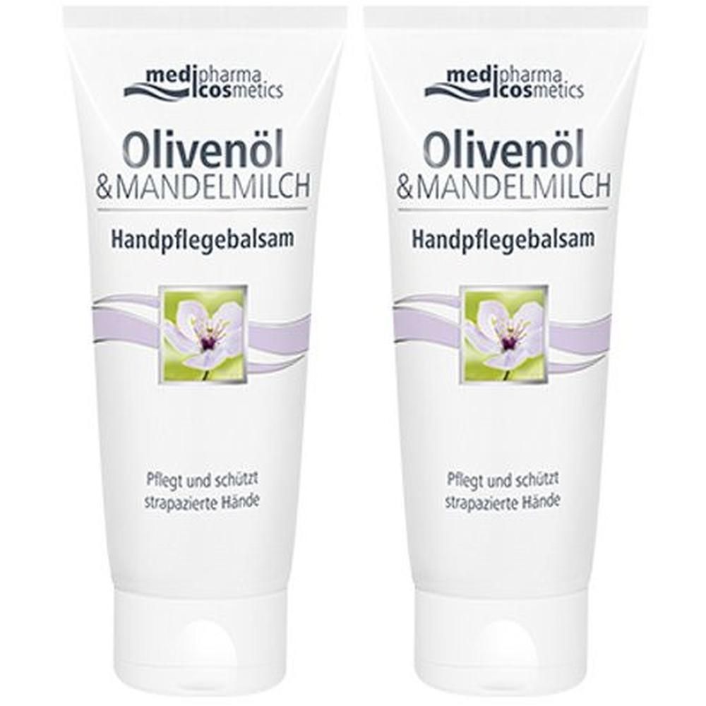 Zwei Tuben Handpflegebalsam. Weiß, mit lila Akzenten und floralem Motiv. Text: Olivenöl & Mandelmilch, Handpflegebalsam.