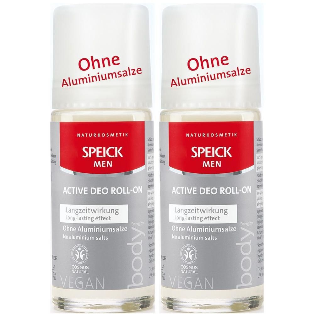 Zwei Roll-on-Deodorants. Weißer Deckel mit Aufschrift „Ohne Aluminiumsalze“. Roter Streifen mit „SPEICK MEN ACTIVE DEO ROLL-ON“. Vegan.