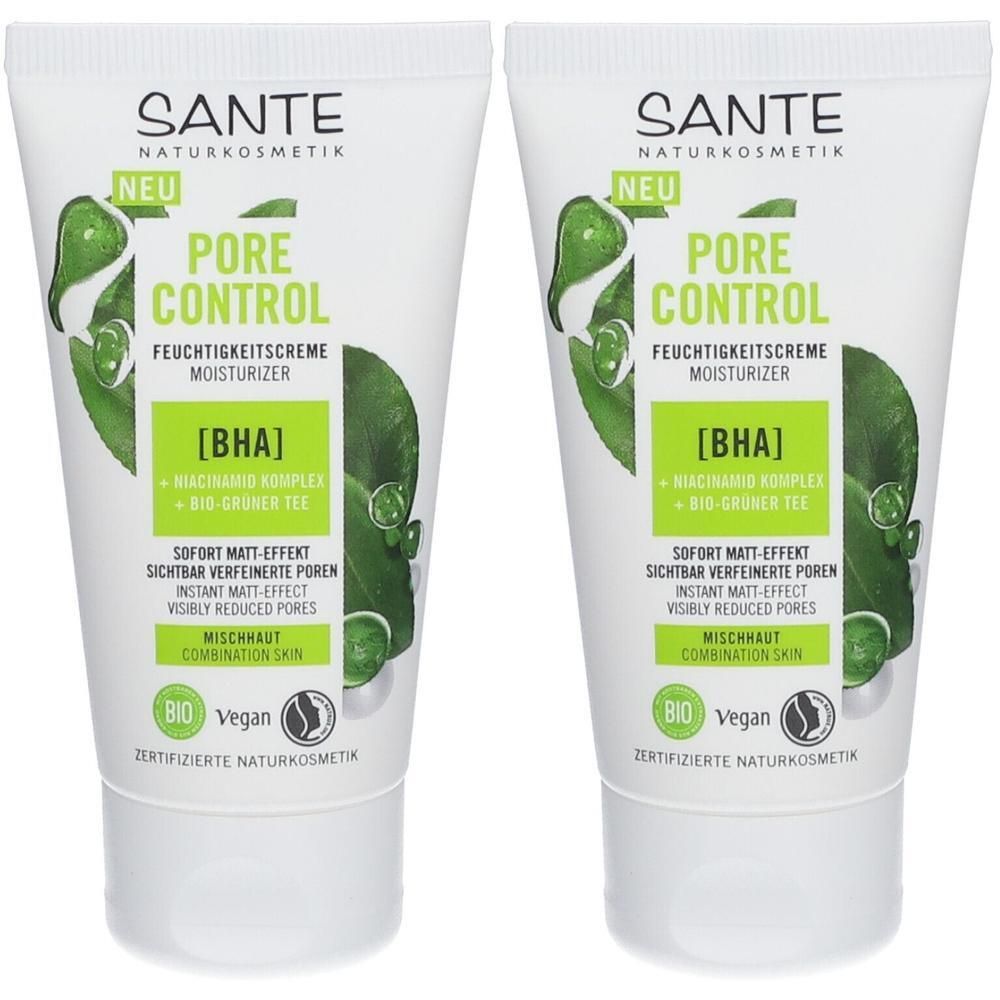 Zwei weiße Tuben mit grünen und weißen Etiketten. Aufschrift: SANTE, PORE CONTROL, Feuchtigkeitscreme. Bio- und Vegan-Siegel.