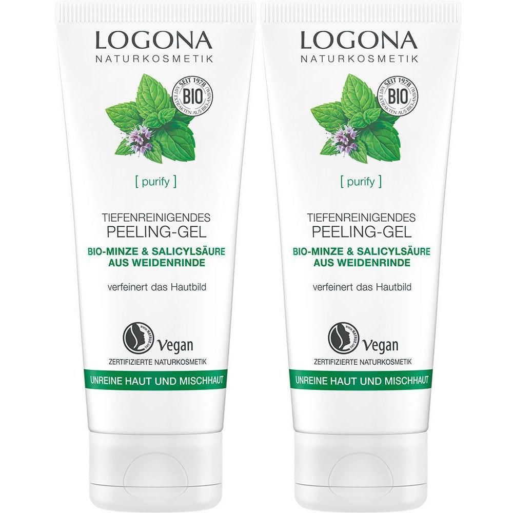 Zwei Tuben LOGONA Tiefreinigendes Peeling-Gel. Weiße Tuben mit grünen und weißen Elementen. Vegan-Siegel.
