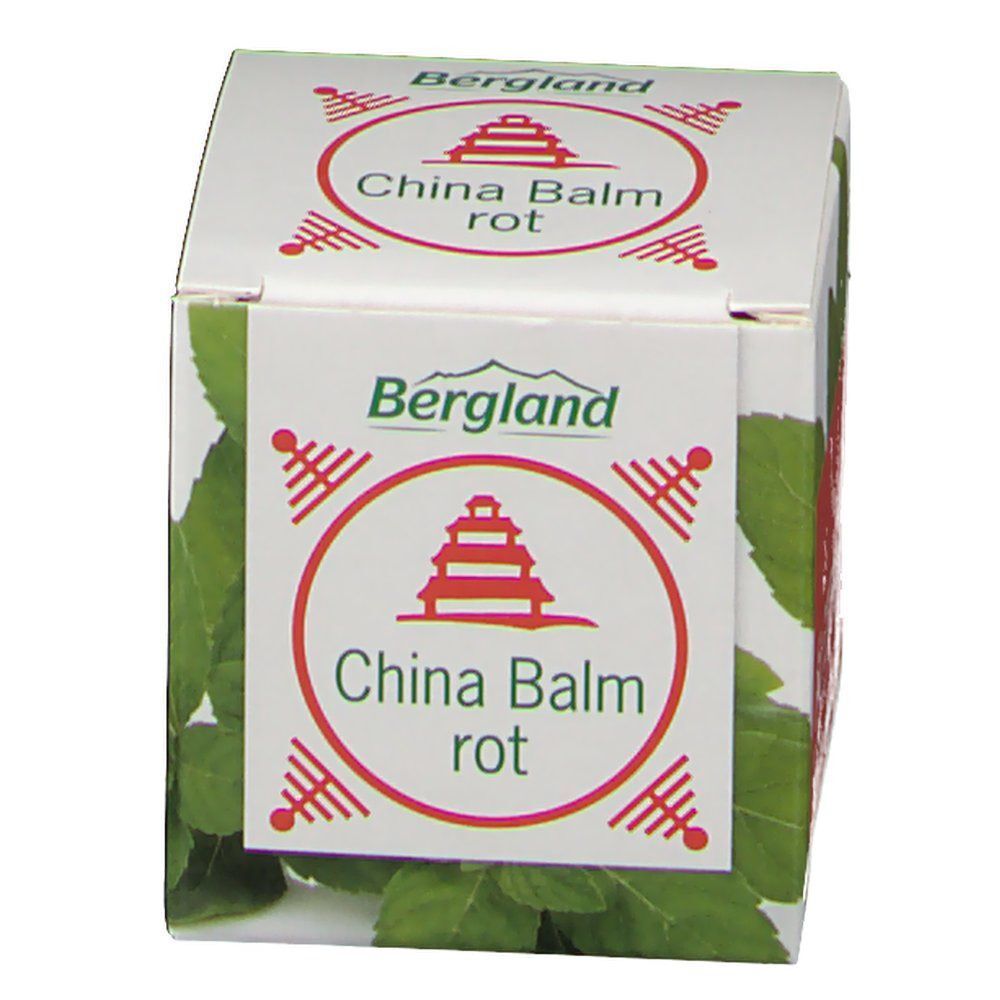 Quadratische Schachtel "China Balm rot". Grün-weiße Verpackung mit Blättern und rotem Text. "Bergland"-Logo. Produktname und Logo.
