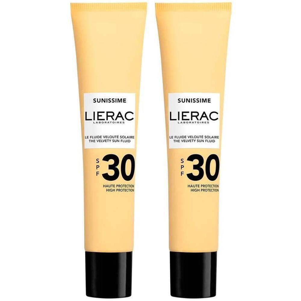 Zwei Tuben LIERAC Sunissime Fluid. Gelbe Tuben mit schwarzem Deckel. Aufschrift: Sunissime, LSF 30.