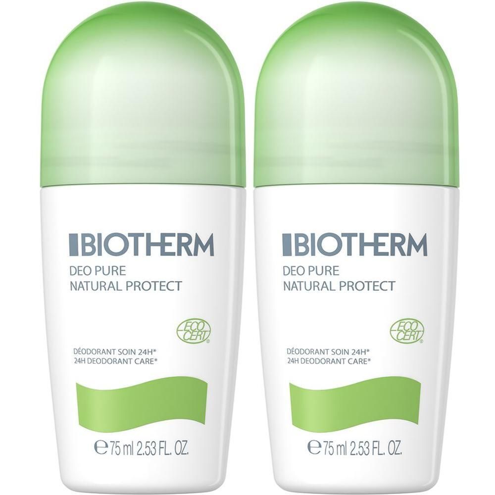 Zwei Roll-on-Deodorants von BIOTHERM. Weißes Gehäuse mit grünem Deckel. Aufschrift: Deo Pure Natural Protect. Mit Eco Cert-Siegel.