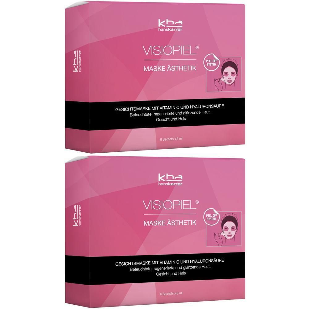 Zwei Packungen VISIOPIEL Maske Ästhetik. Rosa Verpackung mit Produktinformationen und Logo. Enthält 6 Sachets.