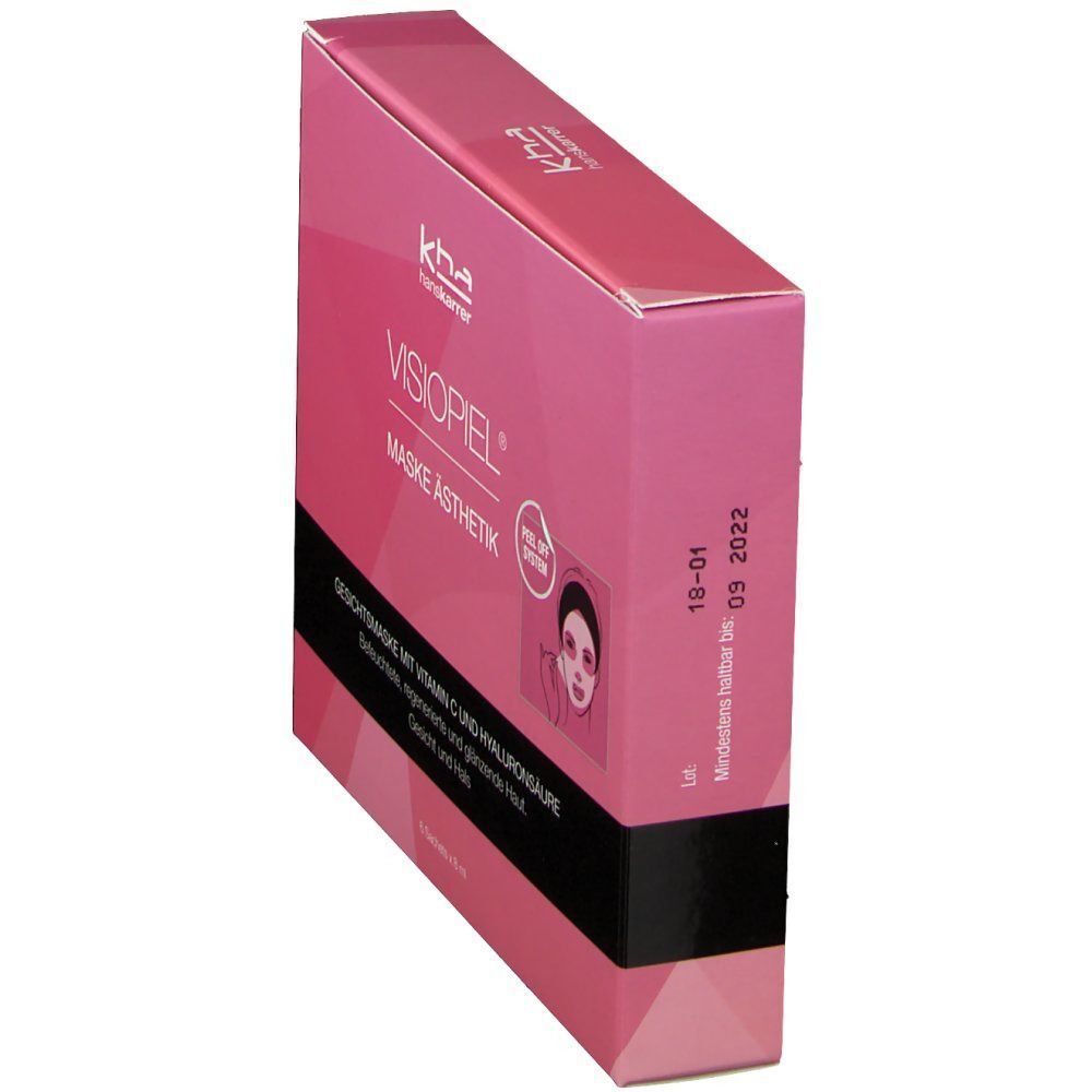 VISIOPIEL Maske Ästhetik Verpackung. Rosa Box mit Produktnamen und Logo. Enthält Informationen und Haltbarkeitsdatum.