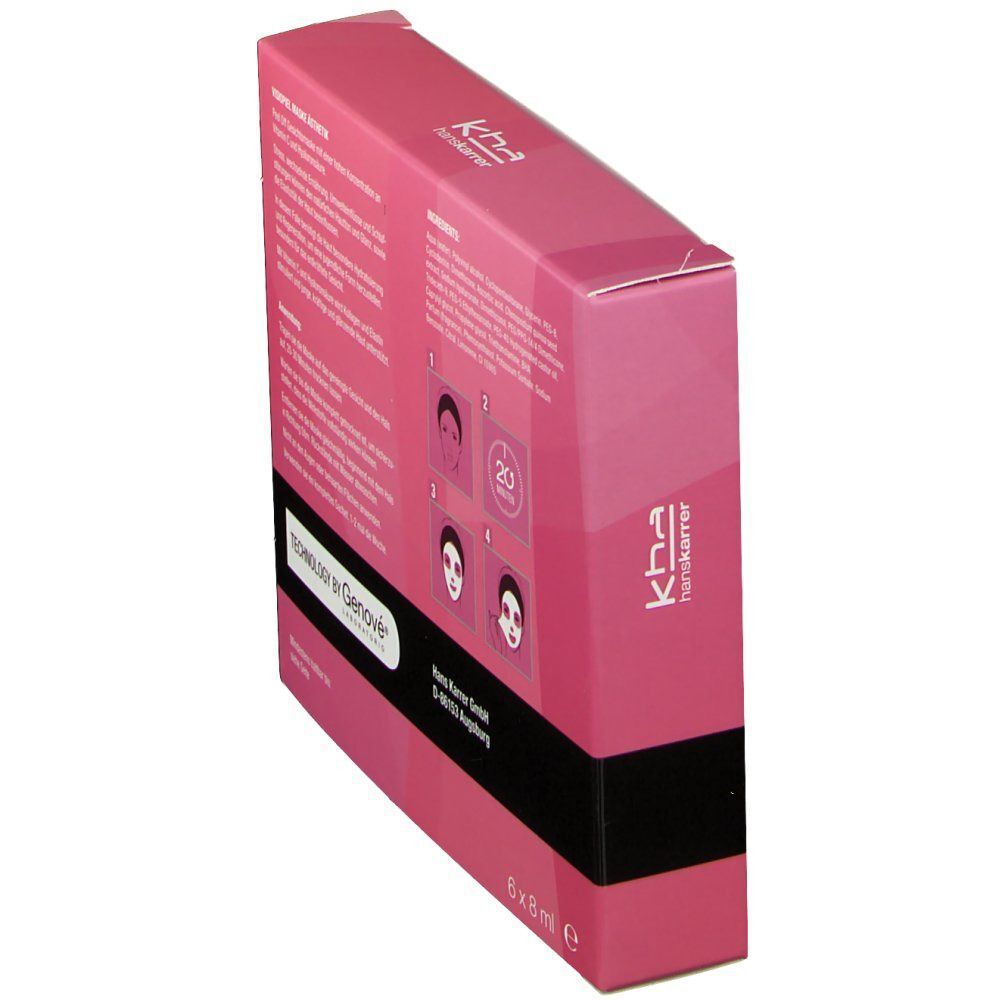 Seitenansicht der VISIOPIEL Maske Ästhetik Verpackung. Rosa Box mit Text und Logo. Enthält 6x8ml.