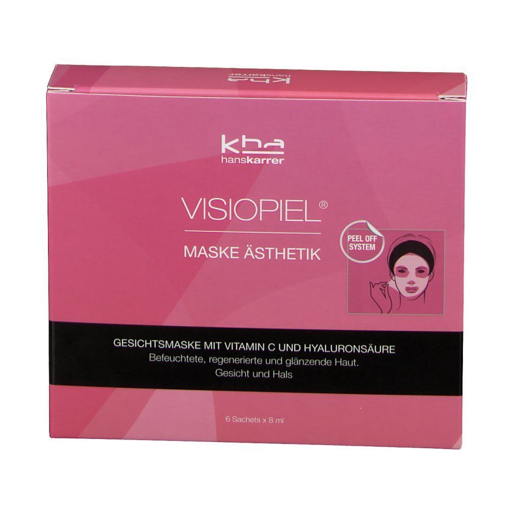 VISIOPIEL Maske Ästhetik Verpackung. Rosa Box mit Produktnamen, Logo und Illustration. Enthält 6 Sachets.