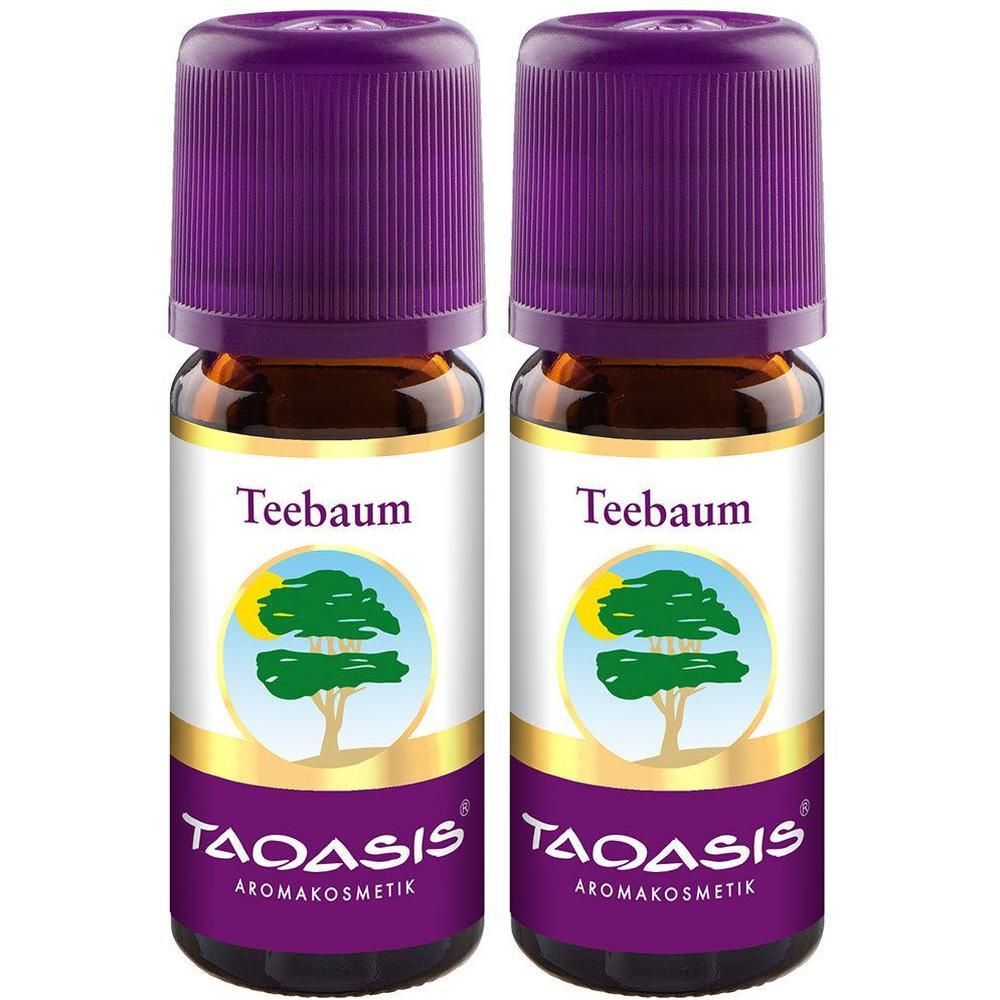 Zwei kleine Flaschen mit lila Deckeln. Auf den Etiketten steht "Teebaum" und "TAOASIS Aromakosmetik".