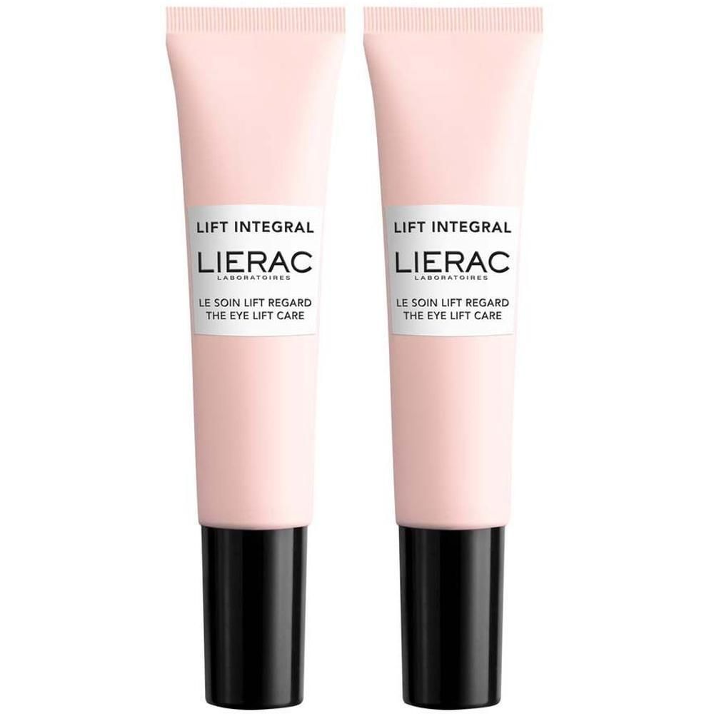 Zwei Tuben Augenpflege. Rosa Tuben mit schwarzem Verschluss. Aufschrift: Lift Integral, Lierac, Le soin lift regard, The eye lift care.